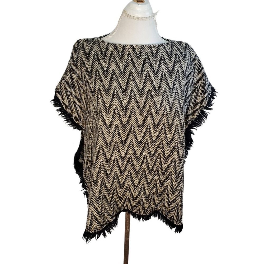 Vintage 70s Pure Wool Chevron Zipzag Black Fringe Poncho One Size Made In USA